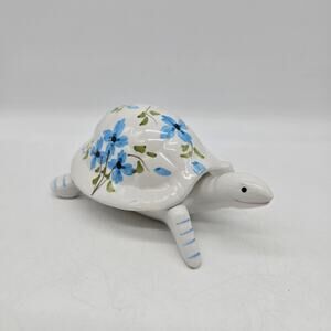 Vintage Porcelain Turtle Trinket Box Made in Portugal Floral White Blue READ